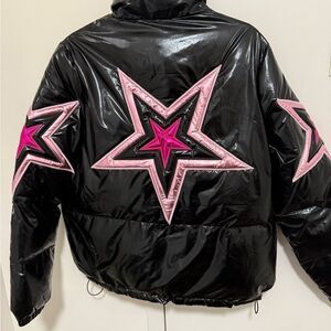 NWOT Fantastic Fawn Metallic Star Women's Shiny Black Puffer Jacket. Size Small